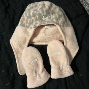 Nike Kids Pink and Gray Fleece Hat and Mittens